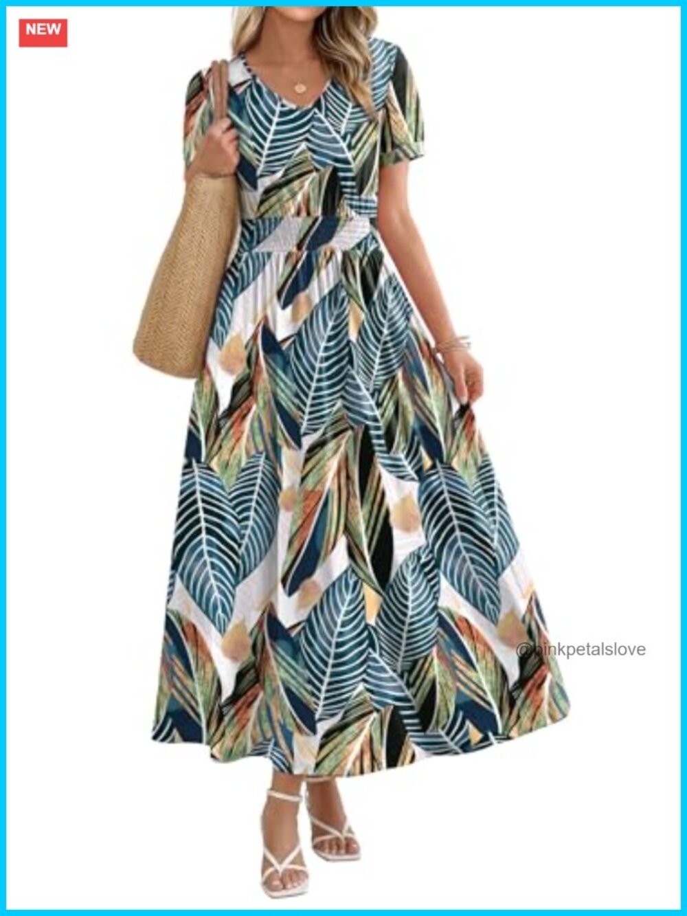 V Neck Maxi Dress Smocked Waist Flowy Midi Long Dress for Summer Beach - Picture 1 of 6